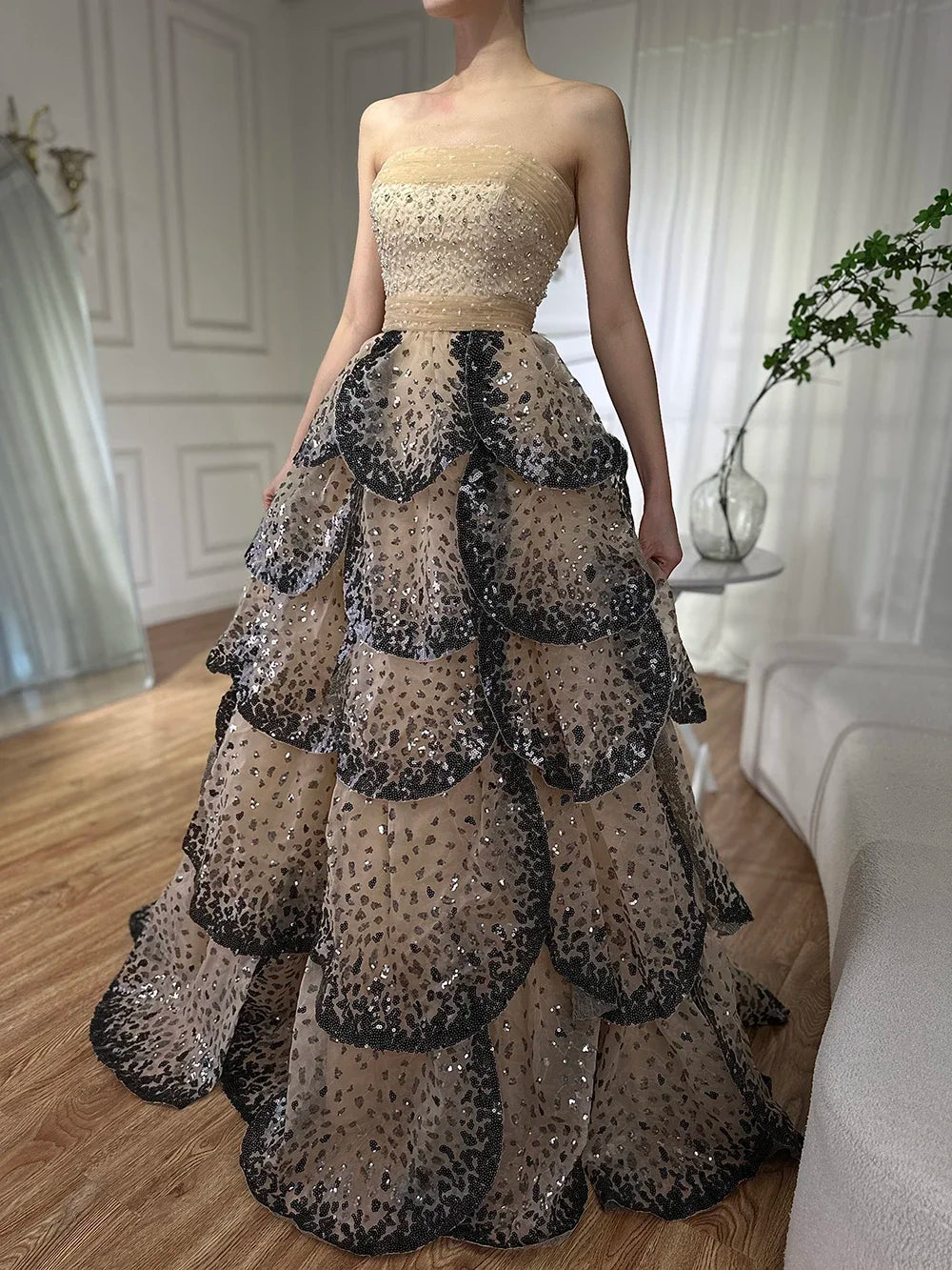 Serene Hill Custom Black Strapless Sequined Evening Prom Dress For Women