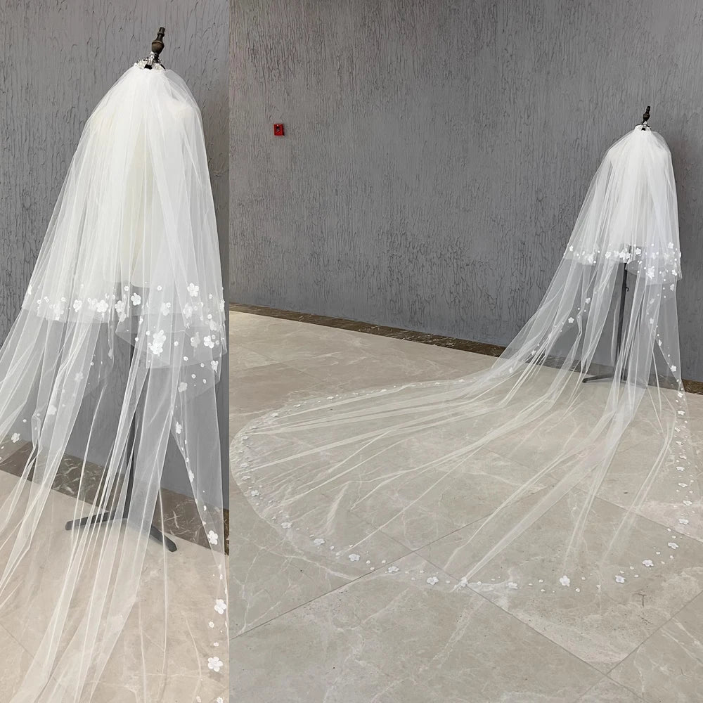 Long Custom Wedding Bridal Veil Featuring 3D Flowers And Pearl Details