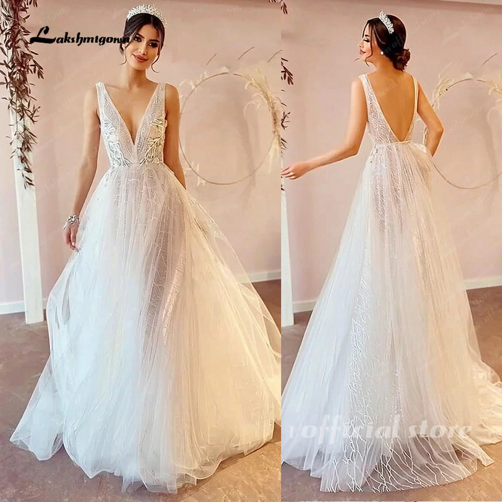 Lakshmigown Vintage Champagne Tulle Beach Wedding Dress Deep V Neck Custom Made