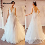 Lakshmigown Vintage Champagne Tulle Beach Wedding Dress Deep V Neck Custom Made