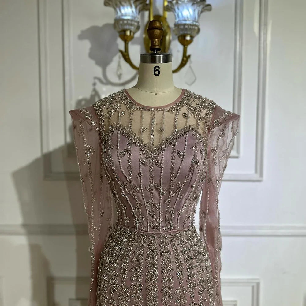 Serene Hill Luxury Pink Mermaid Beaded Pearl Customized Evening Gown