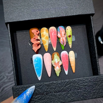10 uñas postizas de flores tropicales hechas a mano, coloridas, para el día de verano, con dopamina, largas, de aguja, con manicura fresca y dulce. 