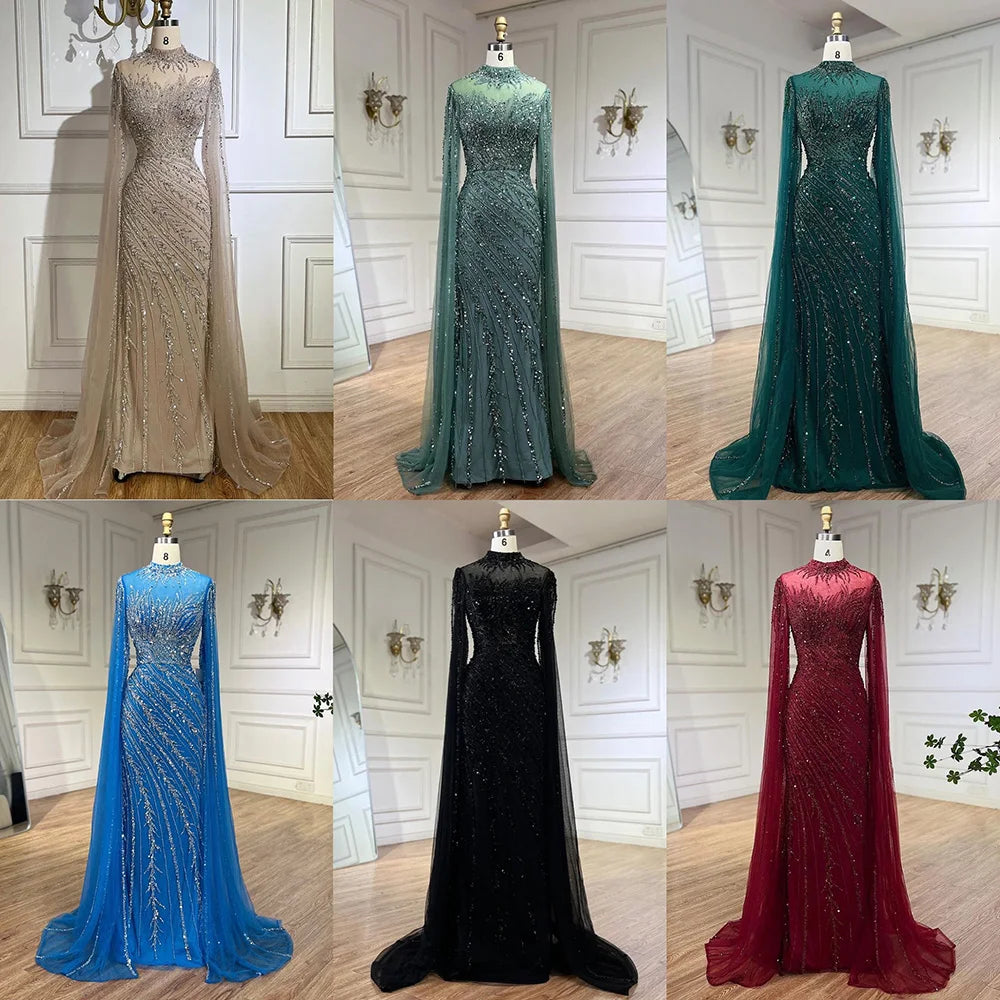 Customized Caramel Mermaid Evening Dress With Beaded Cape Sleeves For Wedding