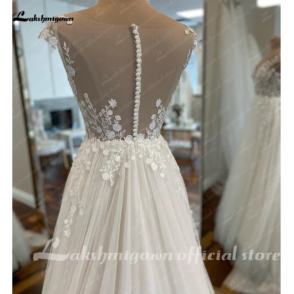 Customized A Line Off White Tulle Bridal Beach Wedding Dress With Cap Sleeves