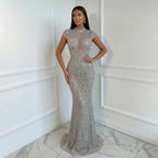 Silver Beaded Mermaid Evening Dress High Neck Cap Sleeve Custom Party Gown