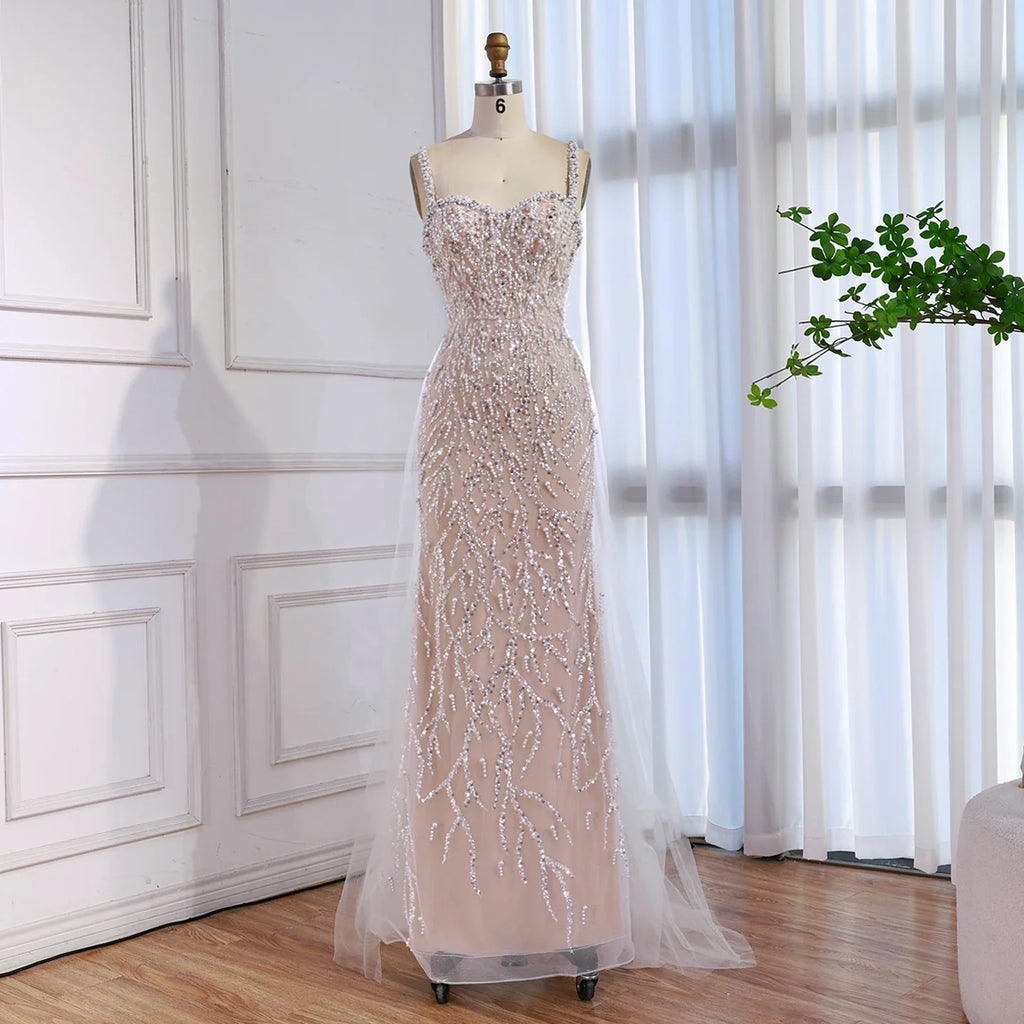 Luxury Lace Pearls Mermaid Evening Dress With Glove White Nude LA72345E