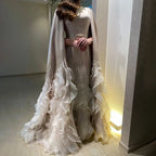 Champagne Mermaid Cape Sleeves Beaded Satin Evening Gown For Party Custom
