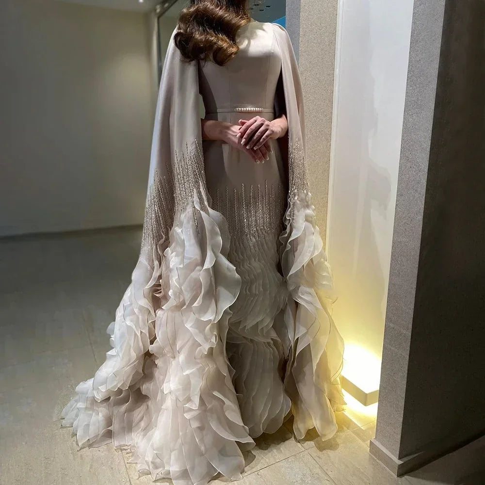 Champagne Mermaid Cape Sleeves Beaded Satin Evening Gown For Party Custom