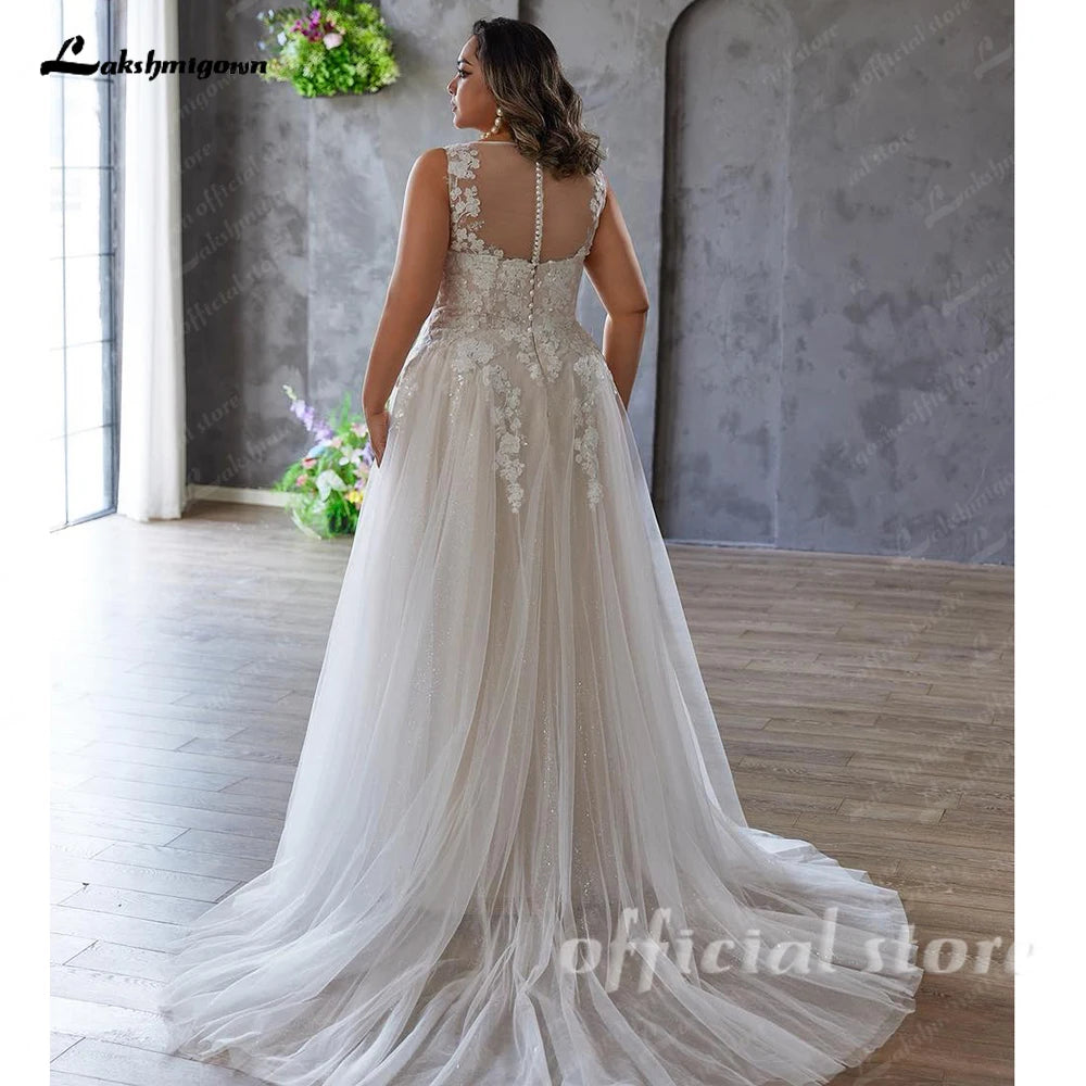Custom Plus Size A Line Wedding Dress V Neck Tulle Appliques Bridal