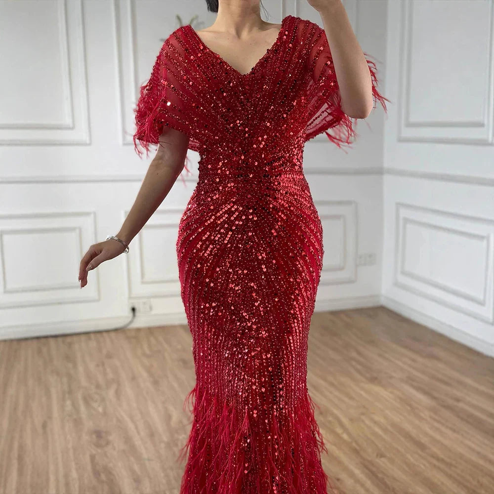 Luxury Arabic Red Mermaid Evening Dress with Feathers Beaded LA71323A
