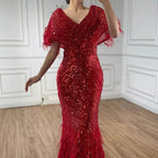 Luxury Arabic Red Mermaid Evening Dress with Feathers Beaded LA71323A