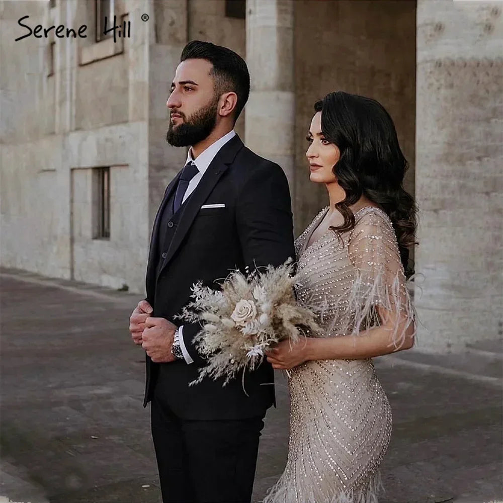Serene Hill Brown Mermaid Beaded Feathers Evening Dresses Elegant Party Gowns for Women DLA71323 Customized