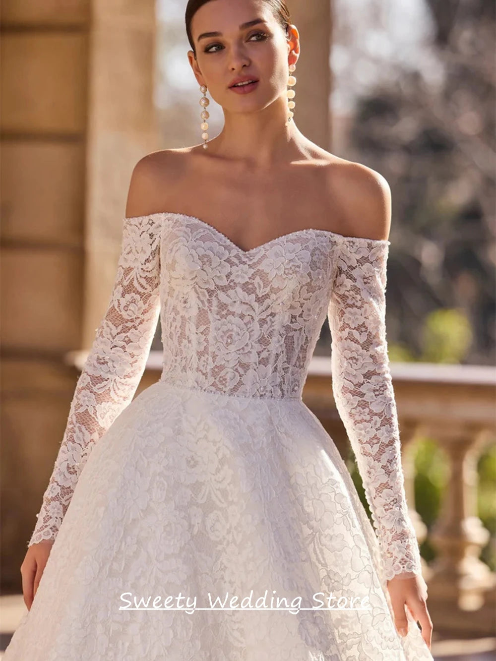 Custom Lace Wedding Dress Long Sleeve Sweetheart Beaded Sweep Train Gown