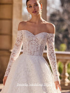 Custom Lace Wedding Dress Long Sleeve Sweetheart Beaded Sweep Train Gown
