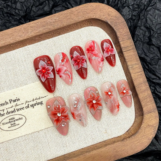 10 uñas postizas 3D con diseño de flor de diablo talladas a mano, con degradado rosa, almendra, hechas a mano, con lentejuelas brillantes, para verano. 