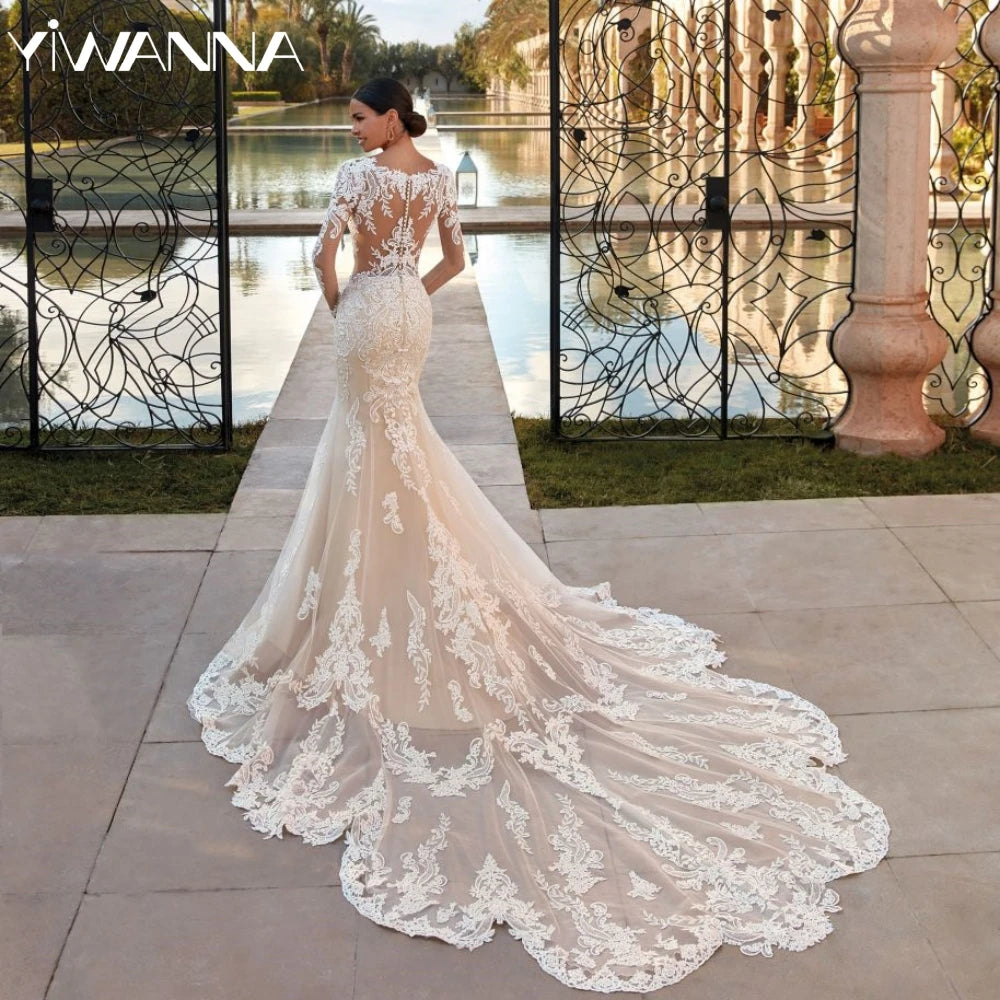 Custom Modest Long Sleeve Mermaid Wedding Dress Glitter Sequins Appliques