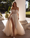 Boho Sweetheart Wedding Dress With Lace Appliques And Corset High Slit