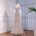 Serene Hill Custom White Mermaid Evening Gown With Pearls And Gloves
