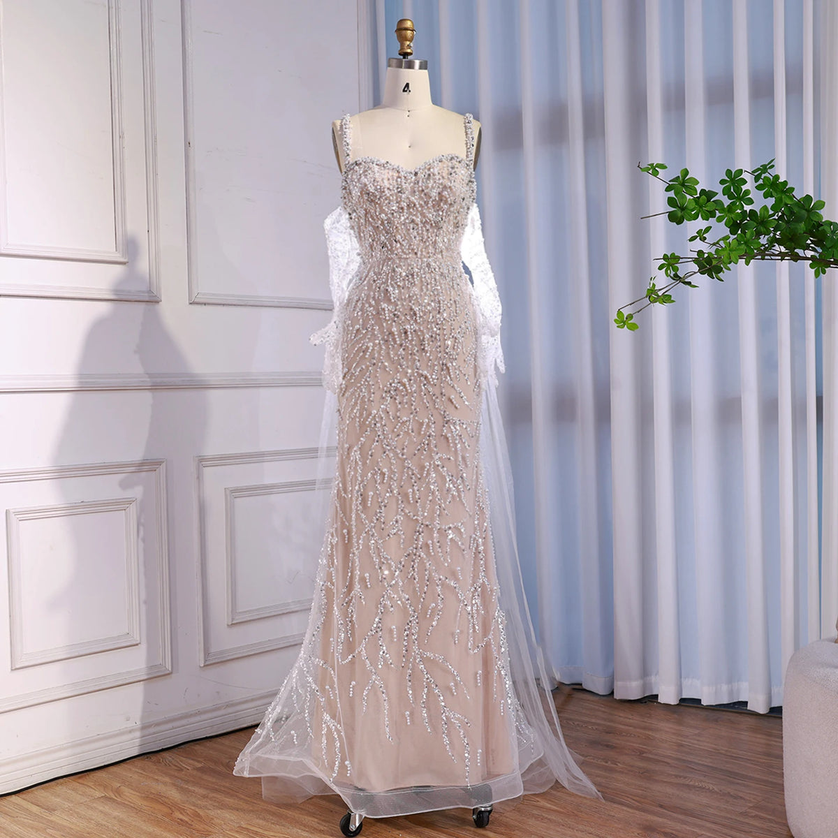Serene Hill Custom White Mermaid Evening Gown With Pearls And Gloves