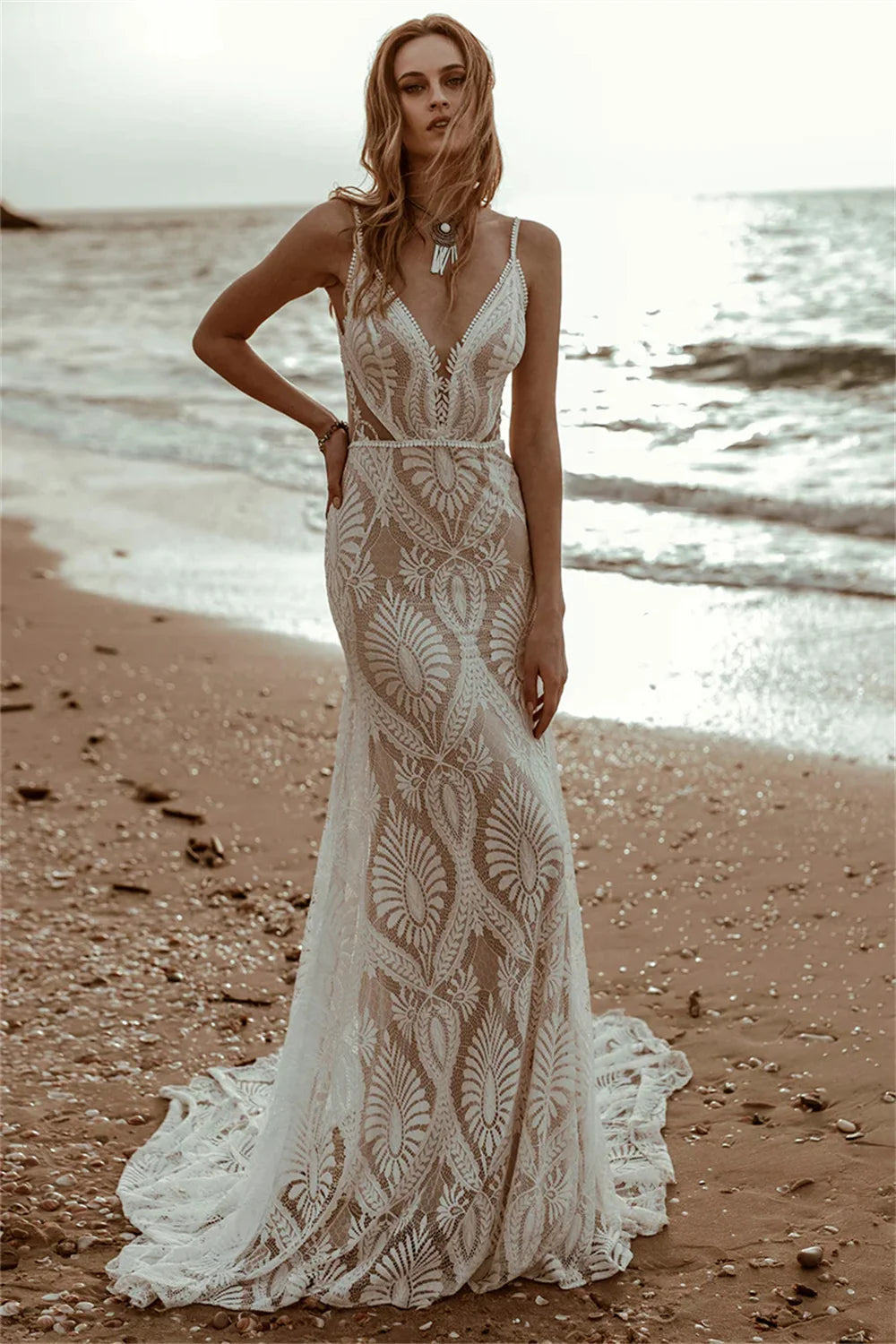 Customized Bohemian Lace Wedding Dress Deep V Neck Mermaid Gown With Shear Train
