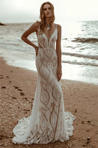 Customized Bohemian Lace Wedding Dress Deep V Neck Mermaid Gown With Shear Train