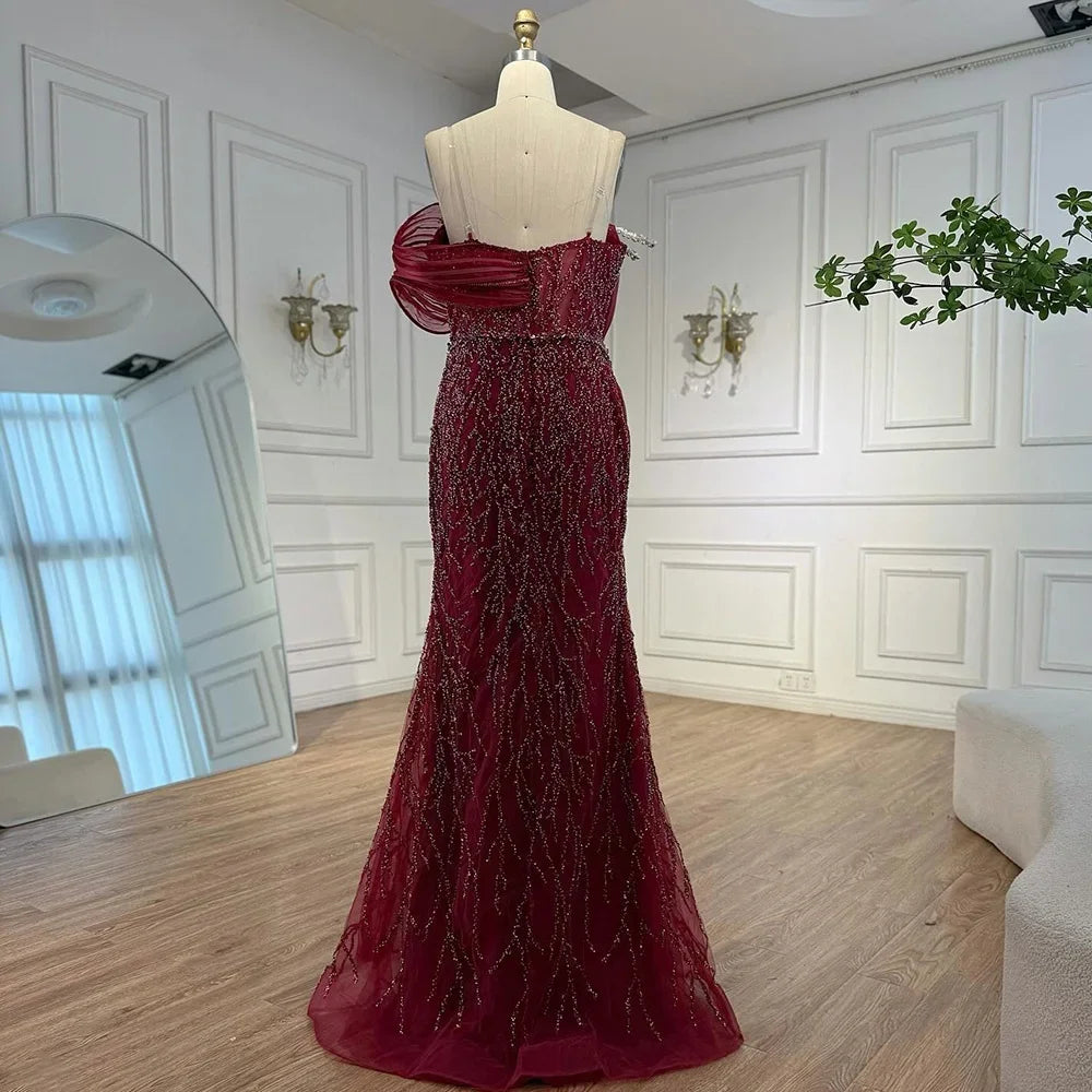 Wine Red Mermaid One Shoulder Beaded Evening Gown For Women Custom Party Dress
