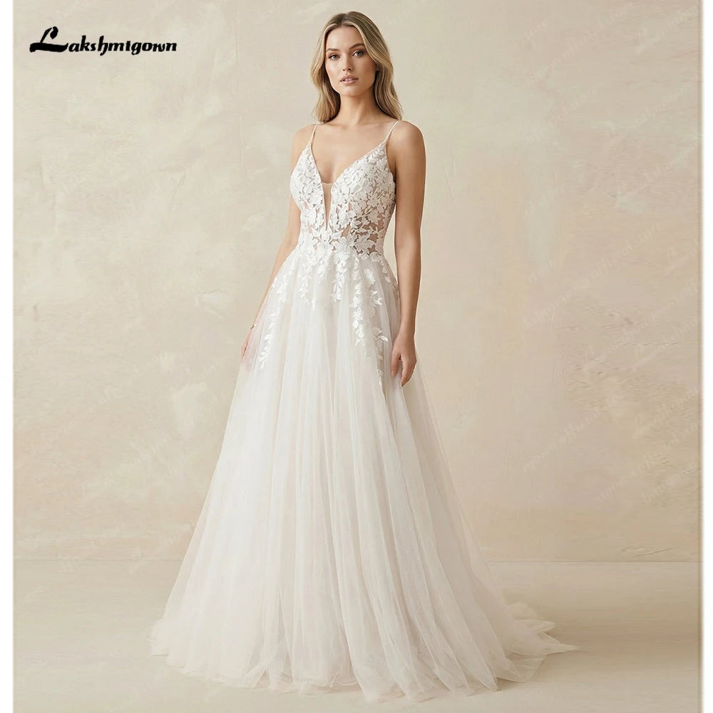Lakshmigown Boho Lace Appliques Wedding Dress Spaghetti Straps Gown