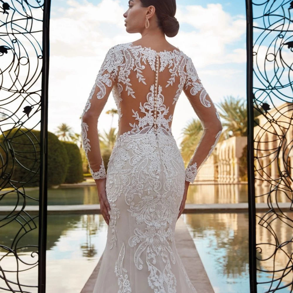 Custom Modest Long Sleeve Mermaid Wedding Dress Glitter Sequins Appliques