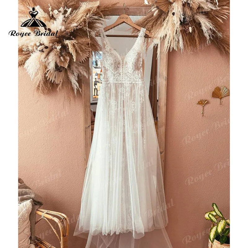 Custom Boho V Neck Lace Wedding Dress Backless Beach Bridal Gown