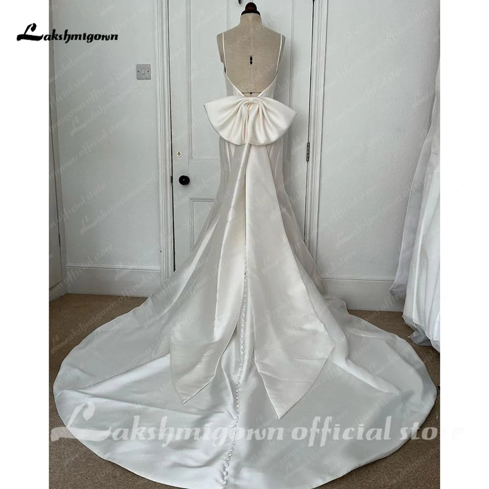 Lakshmigown Satin Mermaid Wedding Dress Spaghetti Straps Backless Bow