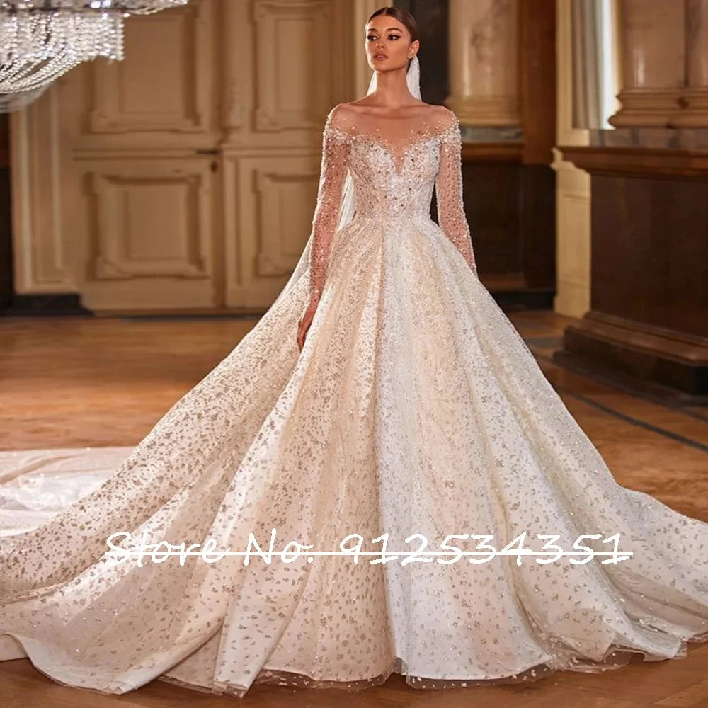 Luxury Long Sleeve Beaded Tulle Ball Gown Wedding Dress Button Back