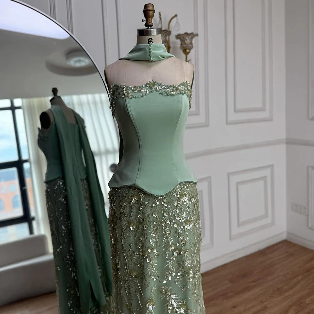 Luxury Sage Green   Beaded Mermaid Evening Dress LA73050C