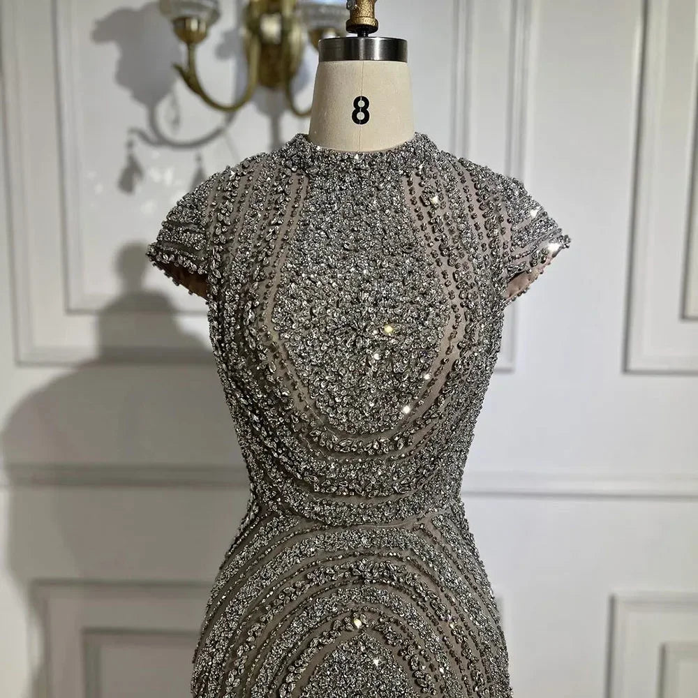 Custom Gray Beaded Mermaid Luxury Evening Gown With Cap Sleeves
