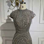 Custom Gray Beaded Mermaid Luxury Evening Gown With Cap Sleeves