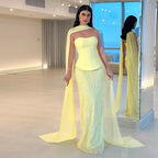 Vestido de noche sirena de gasa amarilla lujosa con capa LA73007