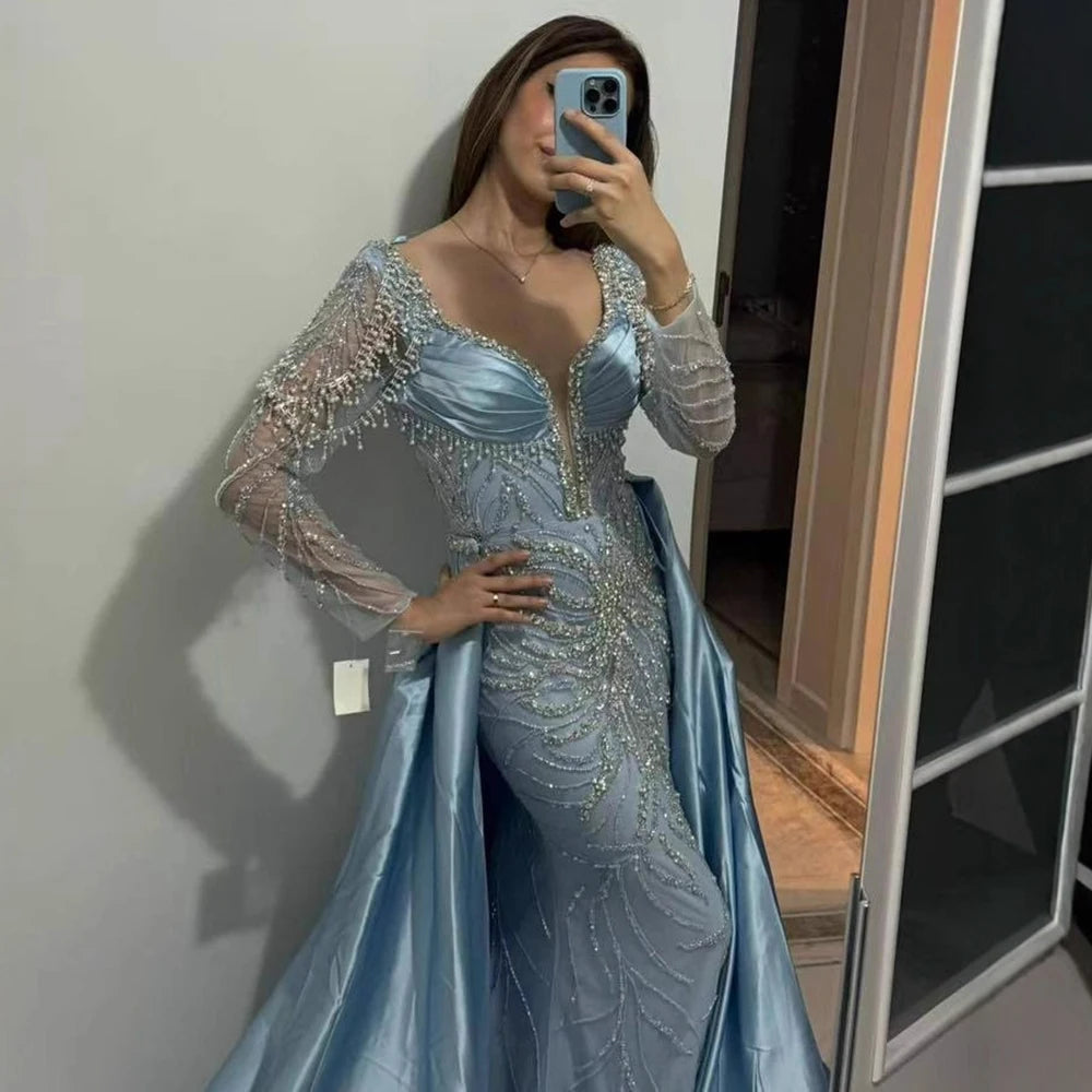 Blue Beaded Satin Evening Dress With Overskirt Long Sleeve Formal Gown