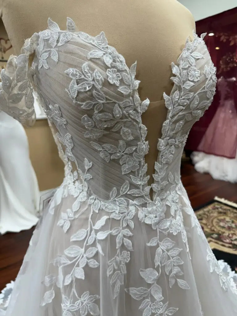 Custom Made Boho Off Shoulder Wedding Dress Illusion Bodice A Line