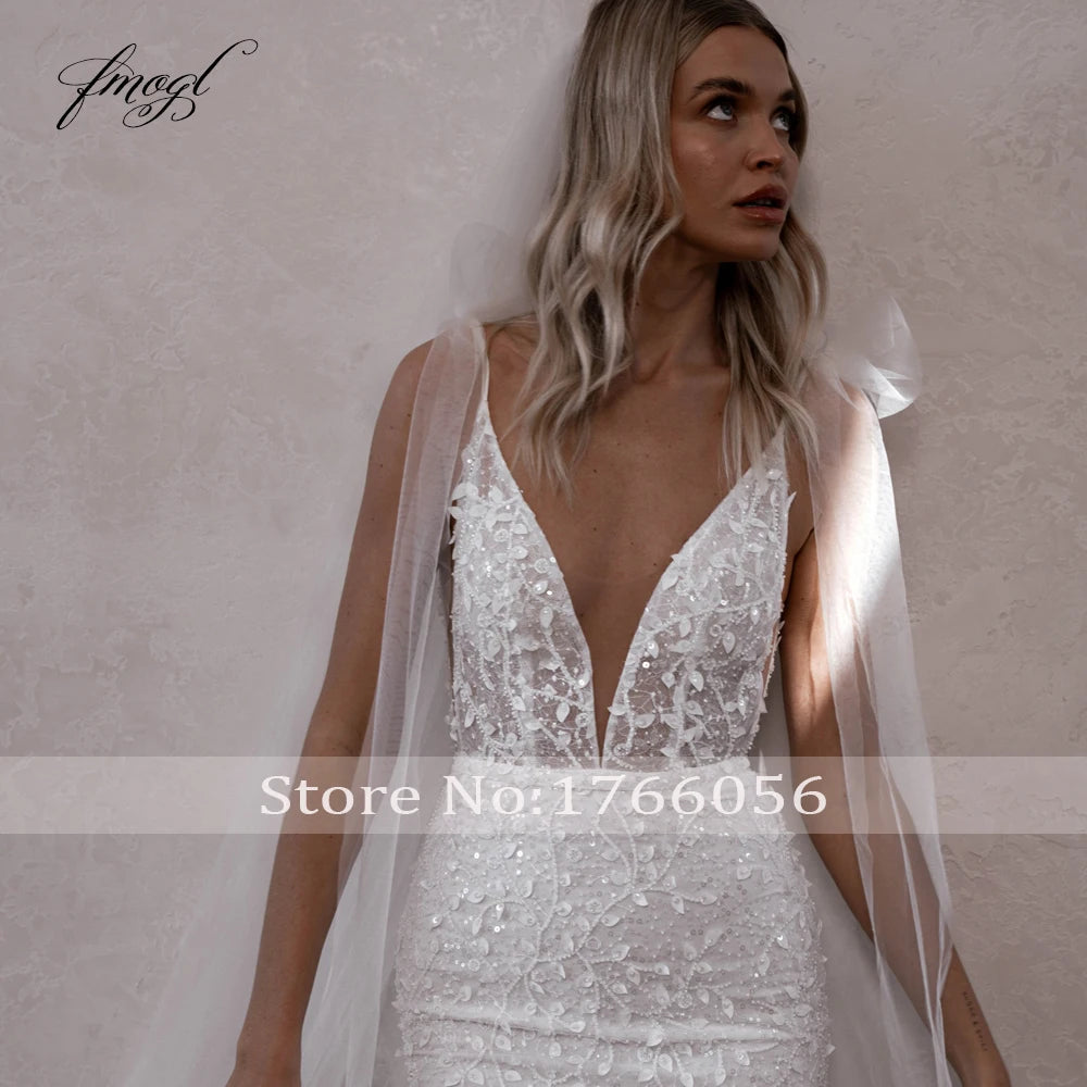 Custom Backless V Neck Lace Mermaid Wedding Dress Spaghetti Straps
