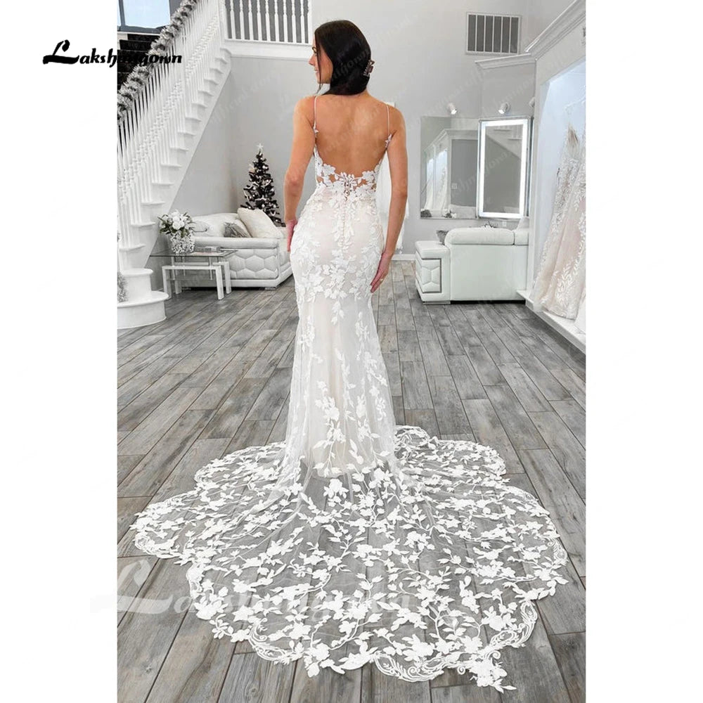 Custom Lace Mermaid Wedding Dress With Spaghetti Straps And Cut Out Train