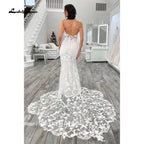 Custom Lace Mermaid Wedding Dress With Spaghetti Straps And Cut Out Train