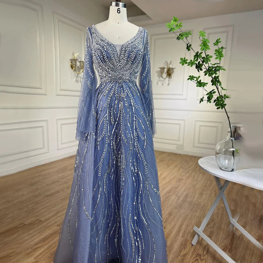 Custom Blue A Line Beaded Formal Evening Dress Arabian Wedding Gown For Women
