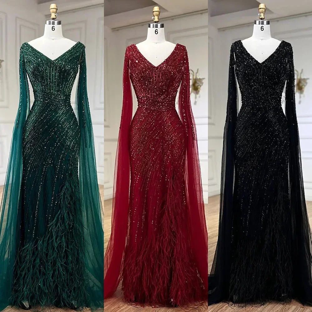 Custom Black Mermaid Evening Dress With Cape Sleeves And Beaded Feathers