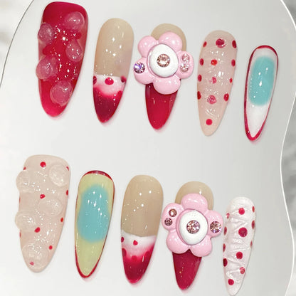 10 uñas postizas francesas rojas, brillantes, rosa rubor, hechas a mano, con diseños florales 3D, reutilizables, largas, almendradas. 