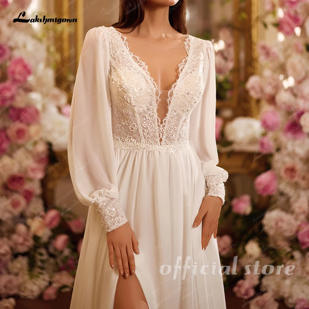 Custom Chiffon Beach Wedding Dress A Line V Neck Puff Sleeve Bridal Gown