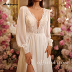 Custom Chiffon Beach Wedding Dress A Line V Neck Puff Sleeve Bridal Gown