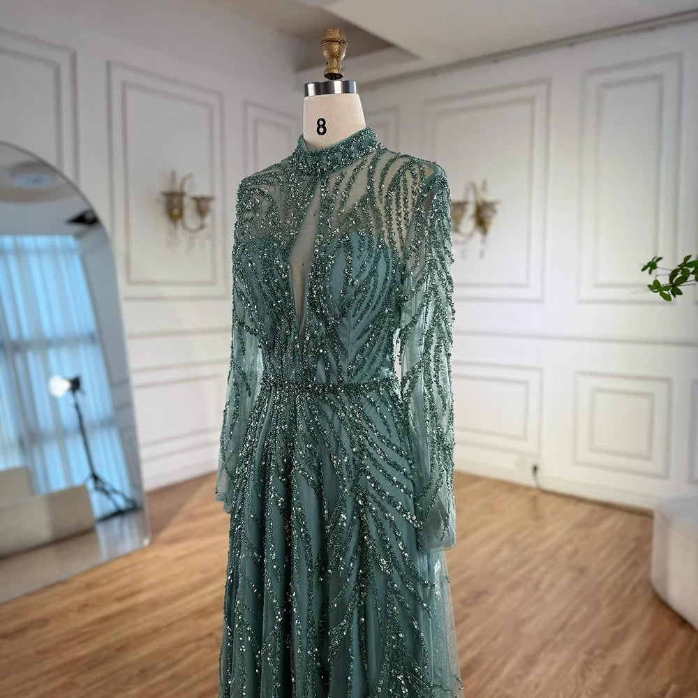 Custom Turquoise A Line Evening Dress With Beaded High Neck Formal Gown