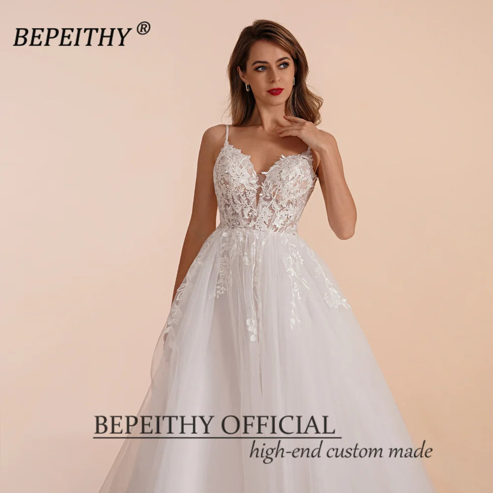 Customized Boho Ivory A Line Lace Wedding Dress Floor Length Bridal Gown