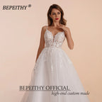 Customized Boho Ivory A Line Lace Wedding Dress Floor Length Bridal Gown