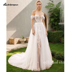 Custom Lace Boho Off Shoulder Wedding Gown With Detachable Sleeves