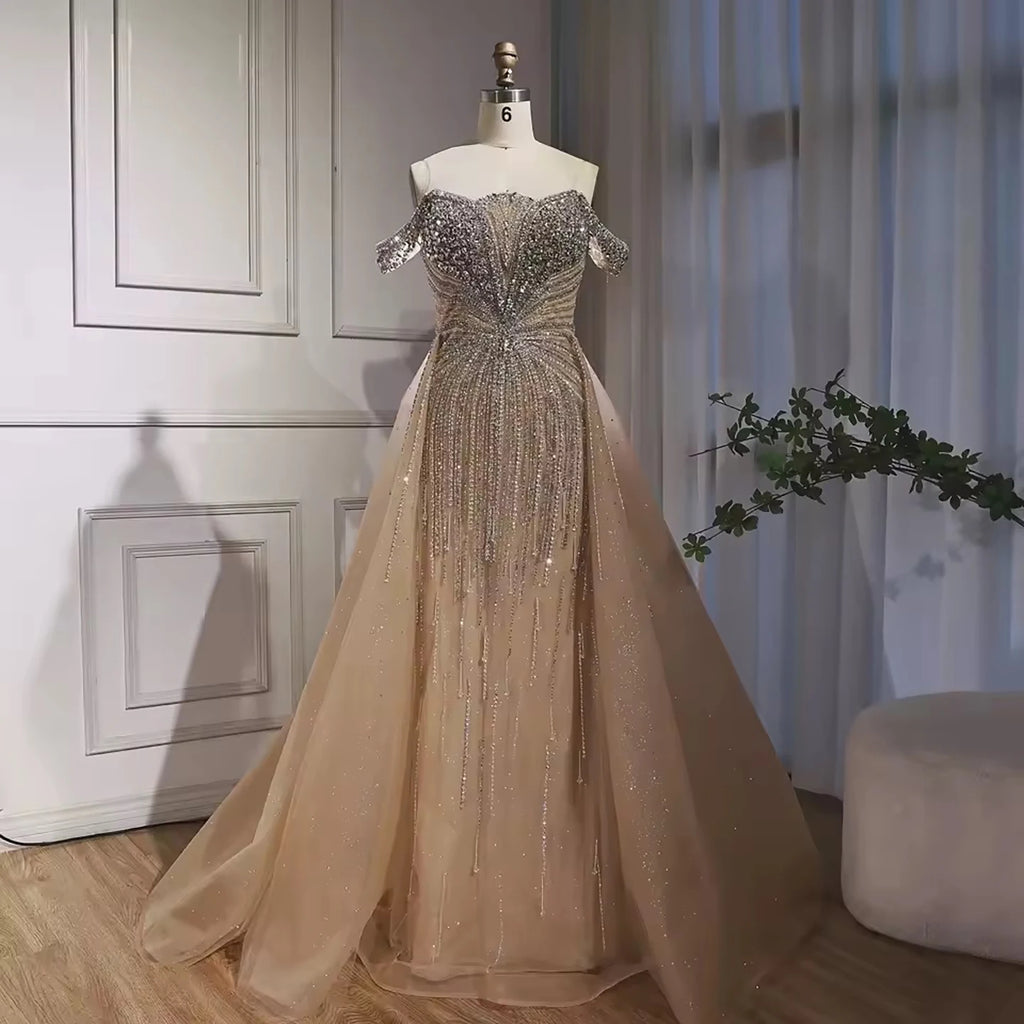 Elegant Green Mermaid Beaded Evening Gown Off Shoulder Party Dress